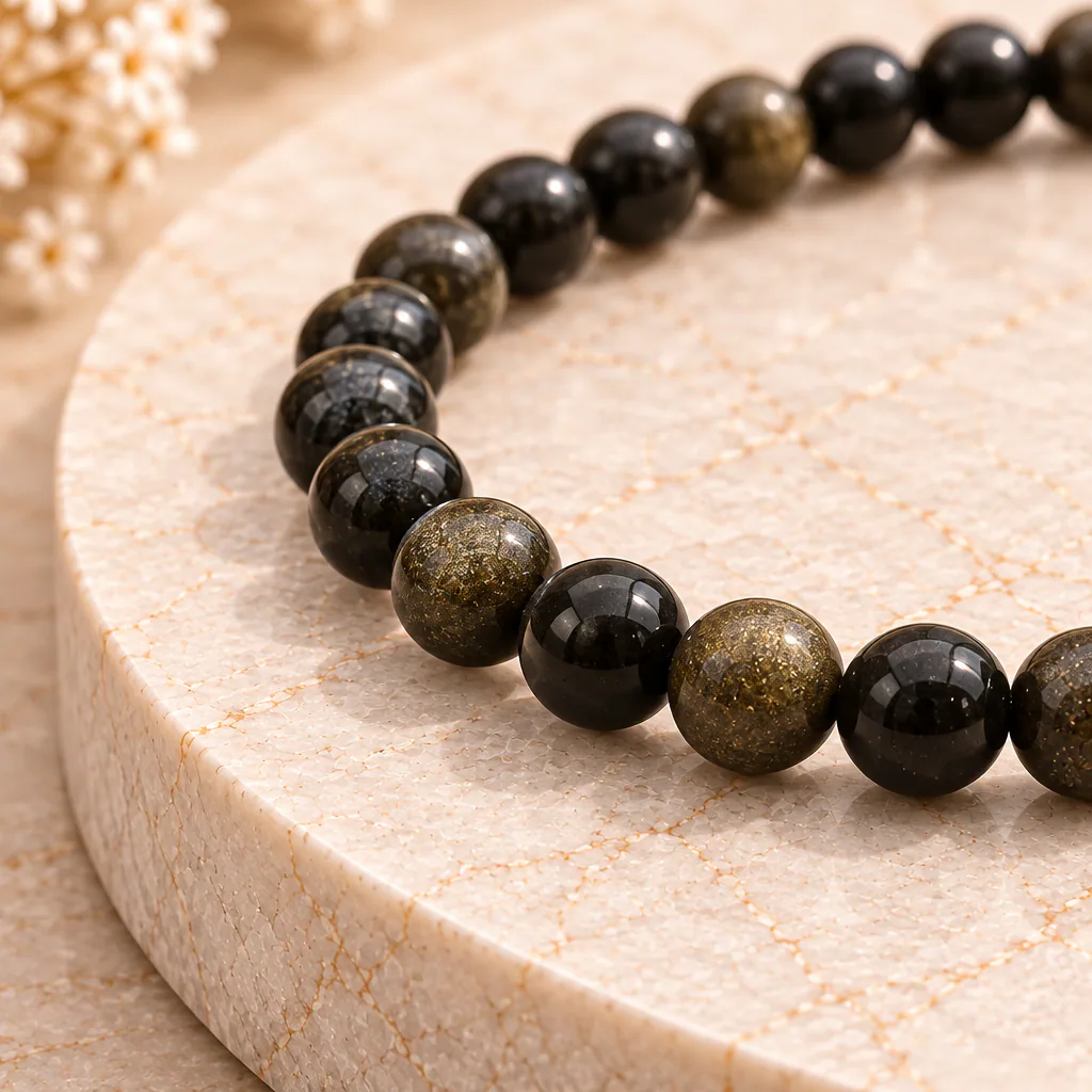Bracelet à boules en Obsidienne dorée · 4 mm · Mexique · Grade A — vue studio 2