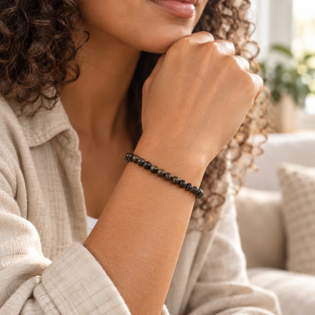 Bracelet à boules en Obsidienne dorée · 4 mm · Mexique · Grade A — vue portée 1