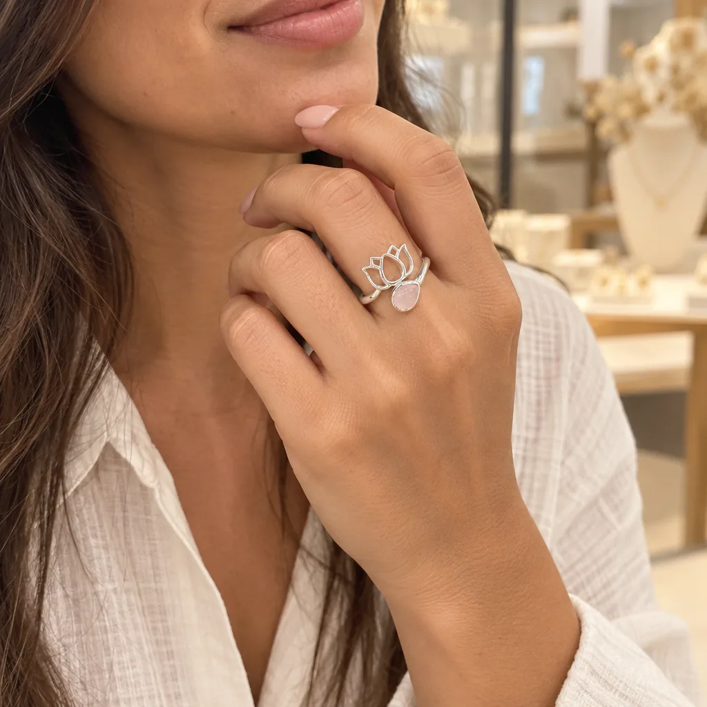Bague lotus en Quartz rose · Madagascar · Grade AA — vue portée 1