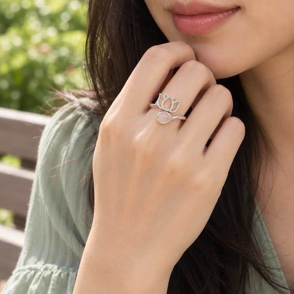 Bague lotus en Quartz rose · Madagascar · Grade AA — vue portée 2