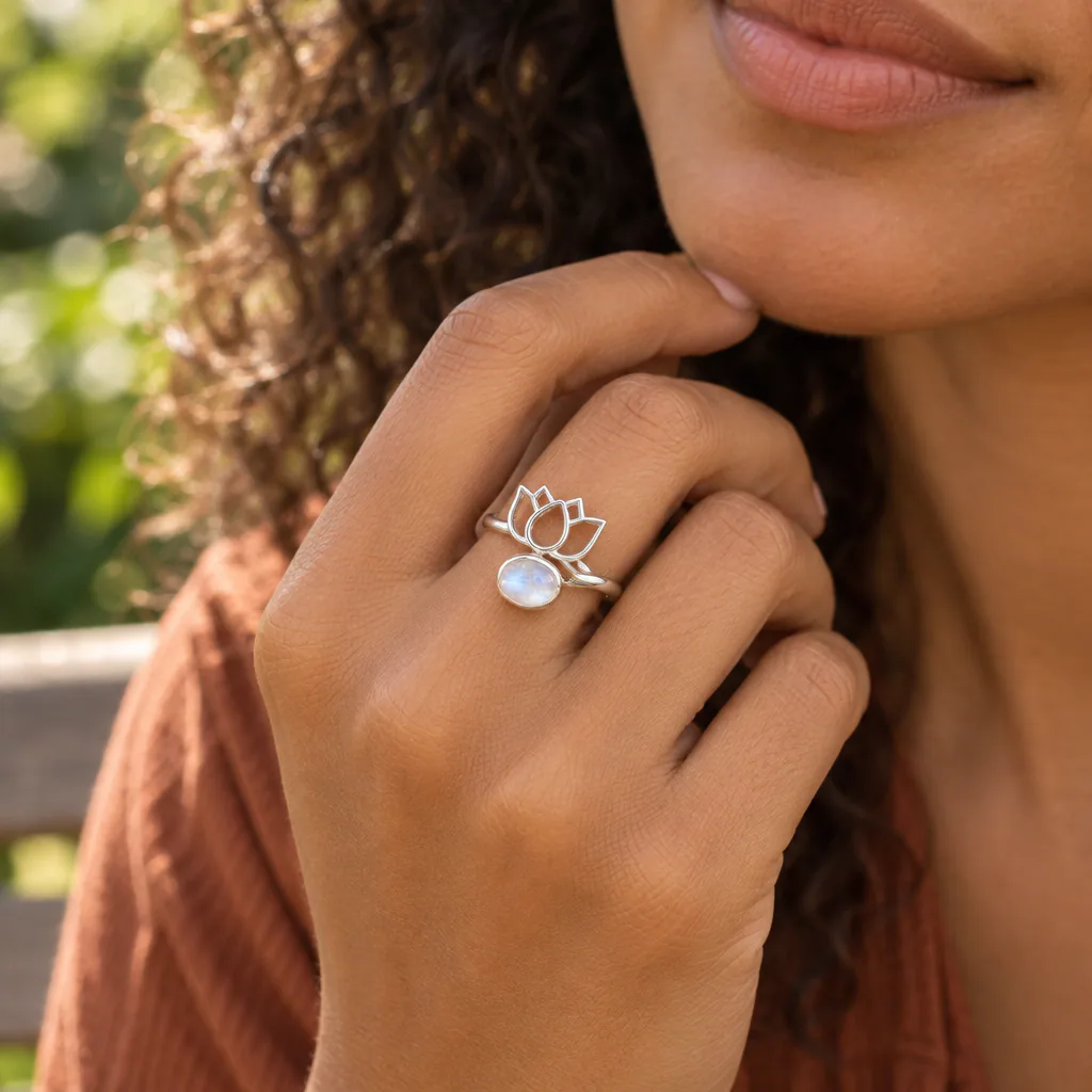 Bague lotus en Péristérite · Inde · Grade AA — vue portée 1