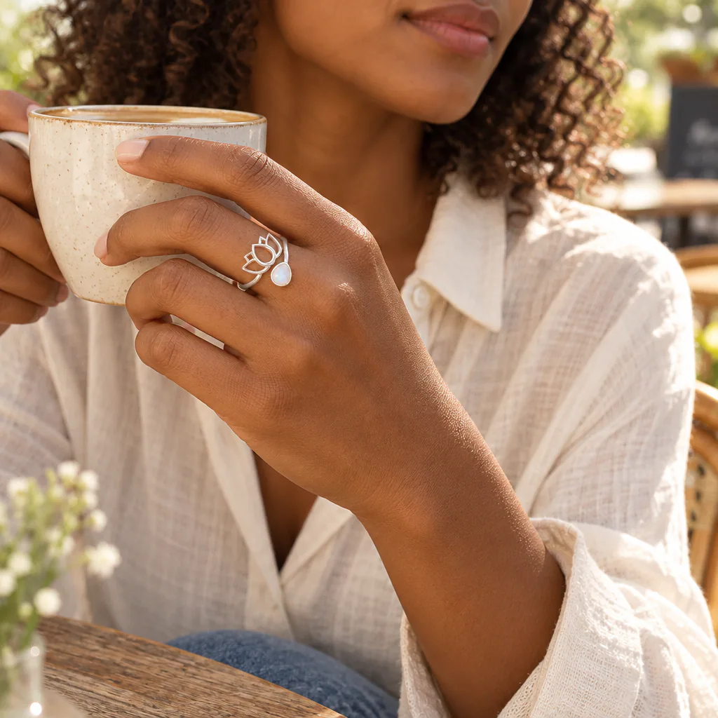 Bague lotus en Péristérite · Inde · Grade AA — vue portée 2
