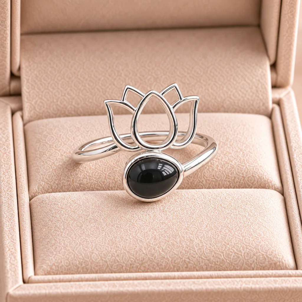 Bague lotus en Obsidienne noire · Mexique · Grade AA — vue studio 2
