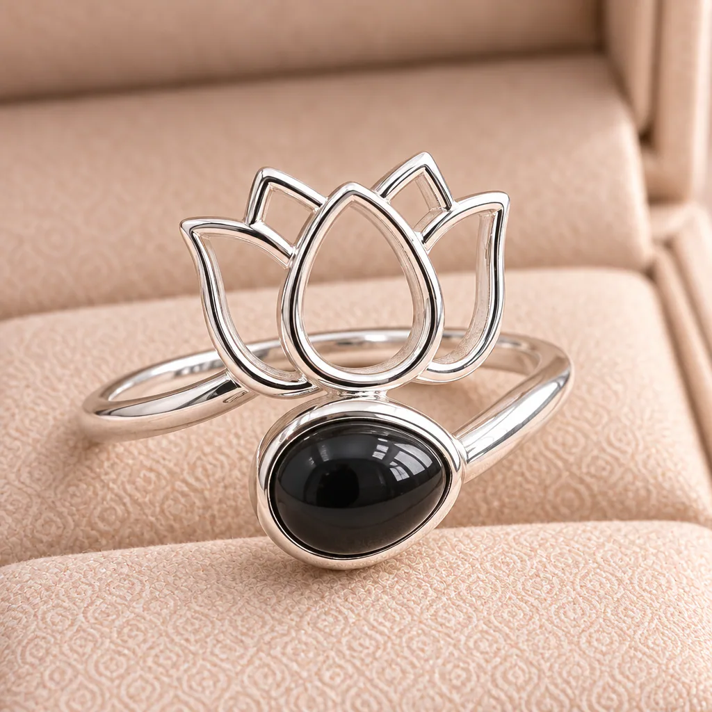 Bague lotus en Obsidienne noire · Mexique · Grade AA — vue studio 3