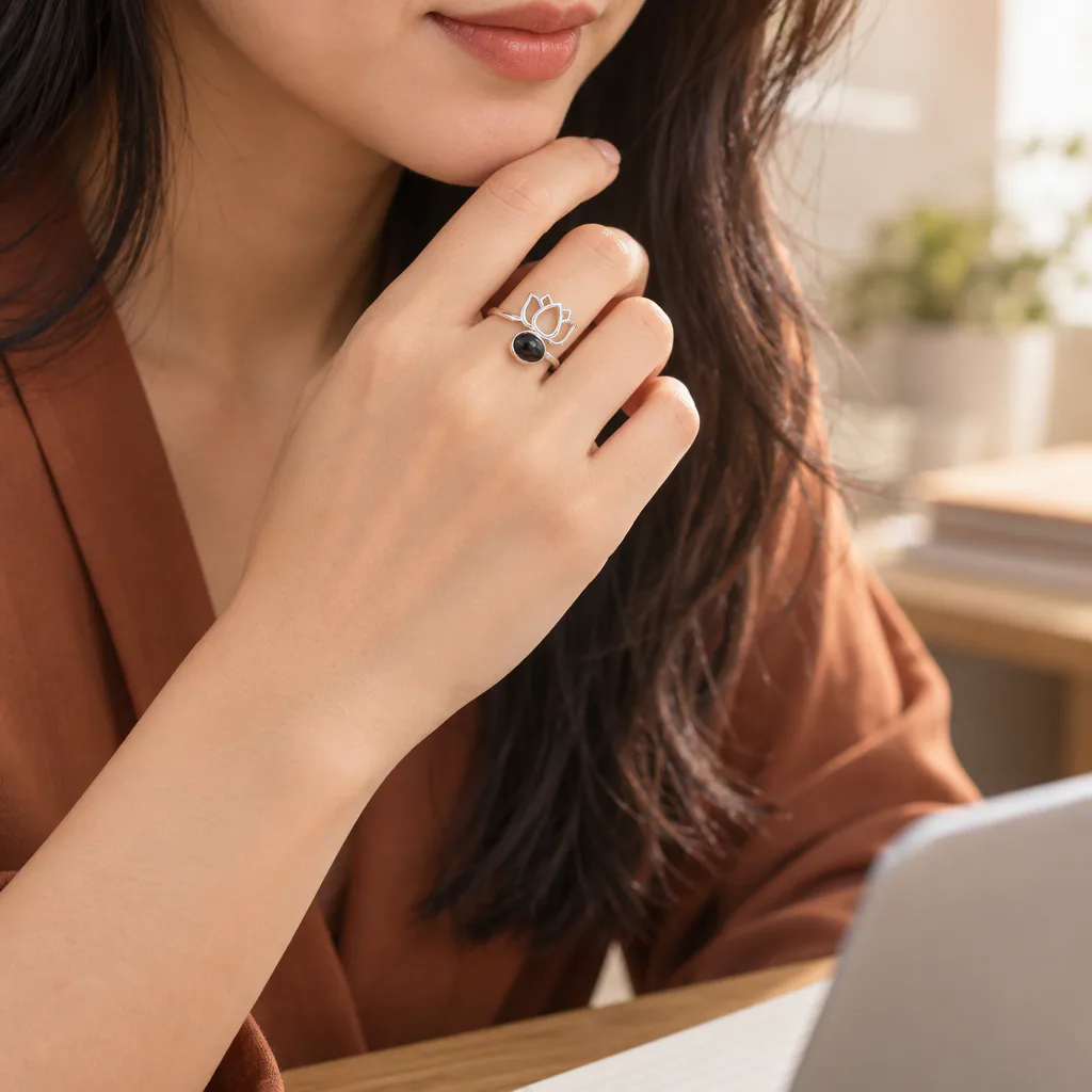 Bague lotus en Obsidienne noire · Mexique · Grade AA — vue portée 1