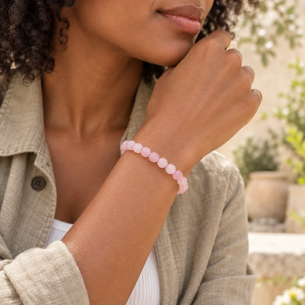 Bracelet à boules en Quartz rose · 6 mm · Brésil · Grade A — vue portée 1