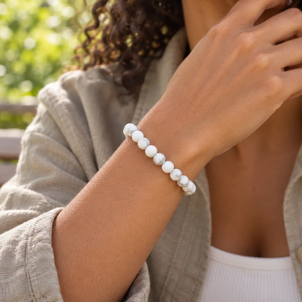 Bracelet à boules en Howlite blanche · 6 mm · Zimbabwe · Grade A — vue portée 1