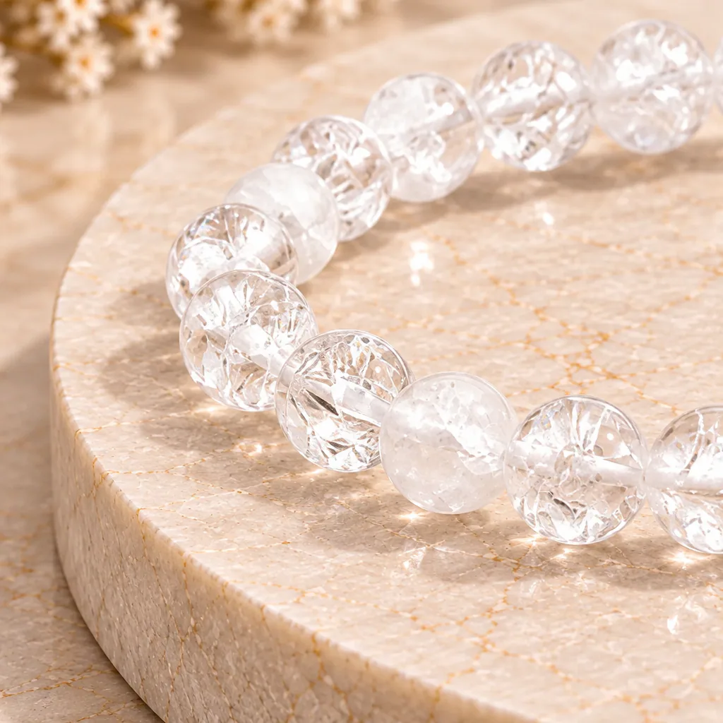 Bracelet à boules en Cristal de roche « crack » · 6 mm · Brésil · Grade A — vue studio 2