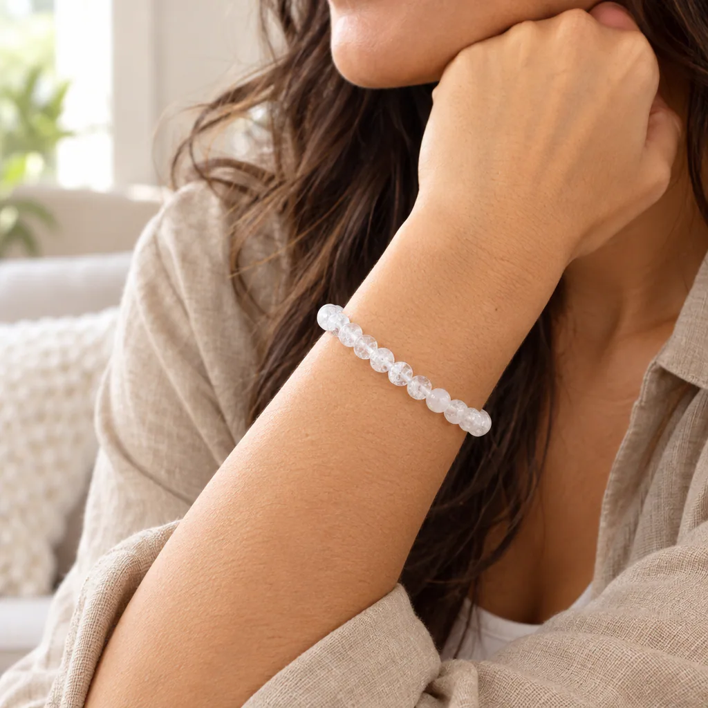 Bracelet à boules en Cristal de roche « crack » · 6 mm · Brésil · Grade A — vue portée 1
