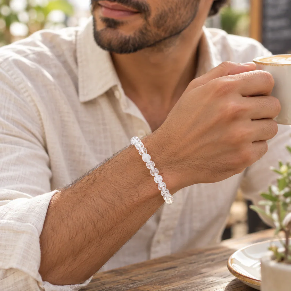 Bracelet à boules en Cristal de roche « crack » · 6 mm · Brésil · Grade A — vue portée 2