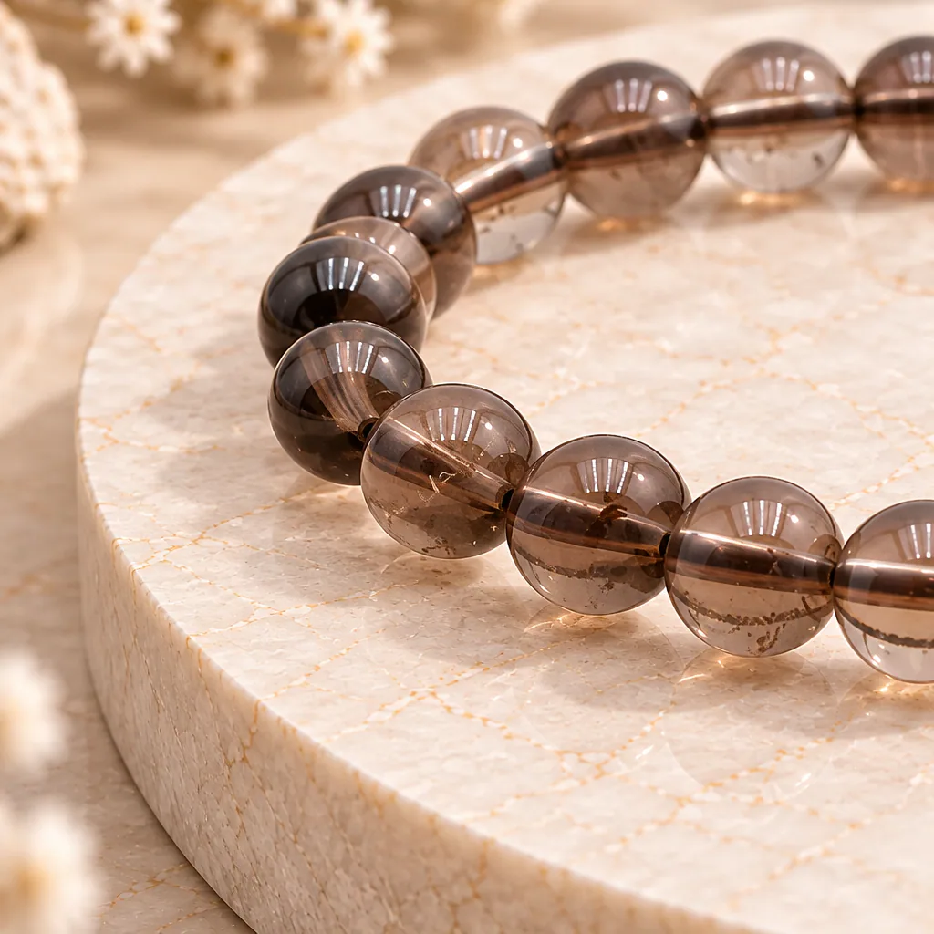 Bracelet à boules en Cristal de roche « fumé » · 6 mm · Brésil · Grade A — vue studio 2