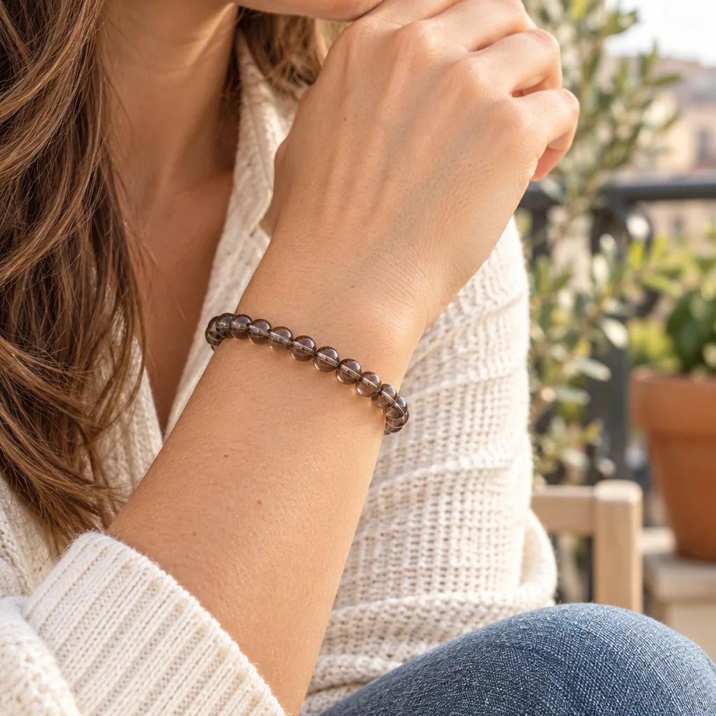 Bracelet à boules en Cristal de roche « fumé » · 6 mm · Brésil · Grade A — vue portée 1