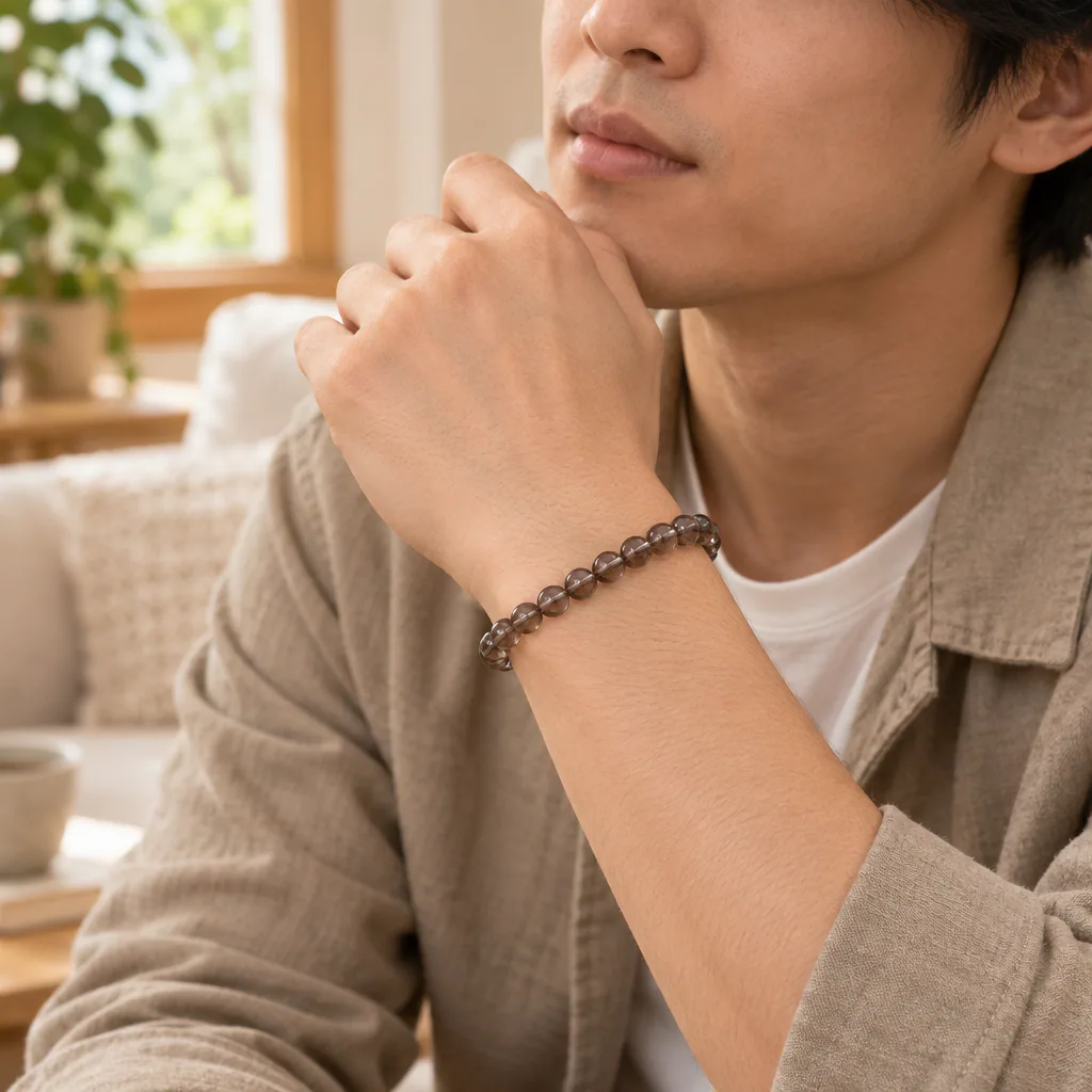 Bracelet à boules en Cristal de roche « fumé » · 6 mm · Brésil · Grade A — vue portée 2