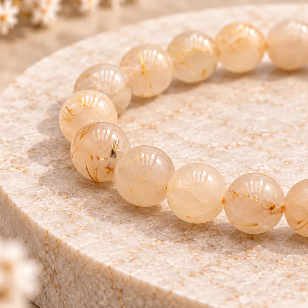 Bracelet à boules en Cristal de roche « rutilé » · 6 mm · Brésil · Grade A — vue studio 2