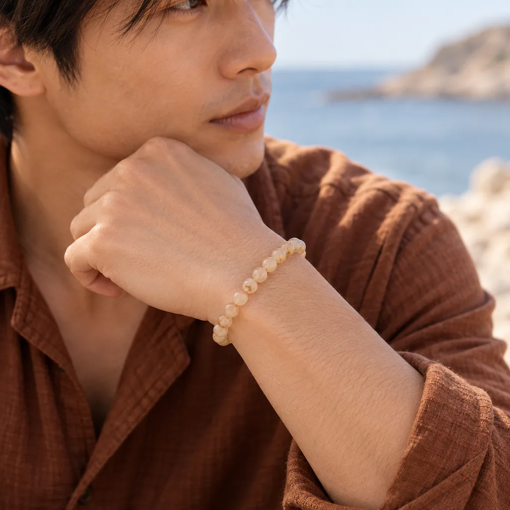 Bracelet à boules en Cristal de roche « rutilé » · 6 mm · Brésil · Grade A — vue portée 2