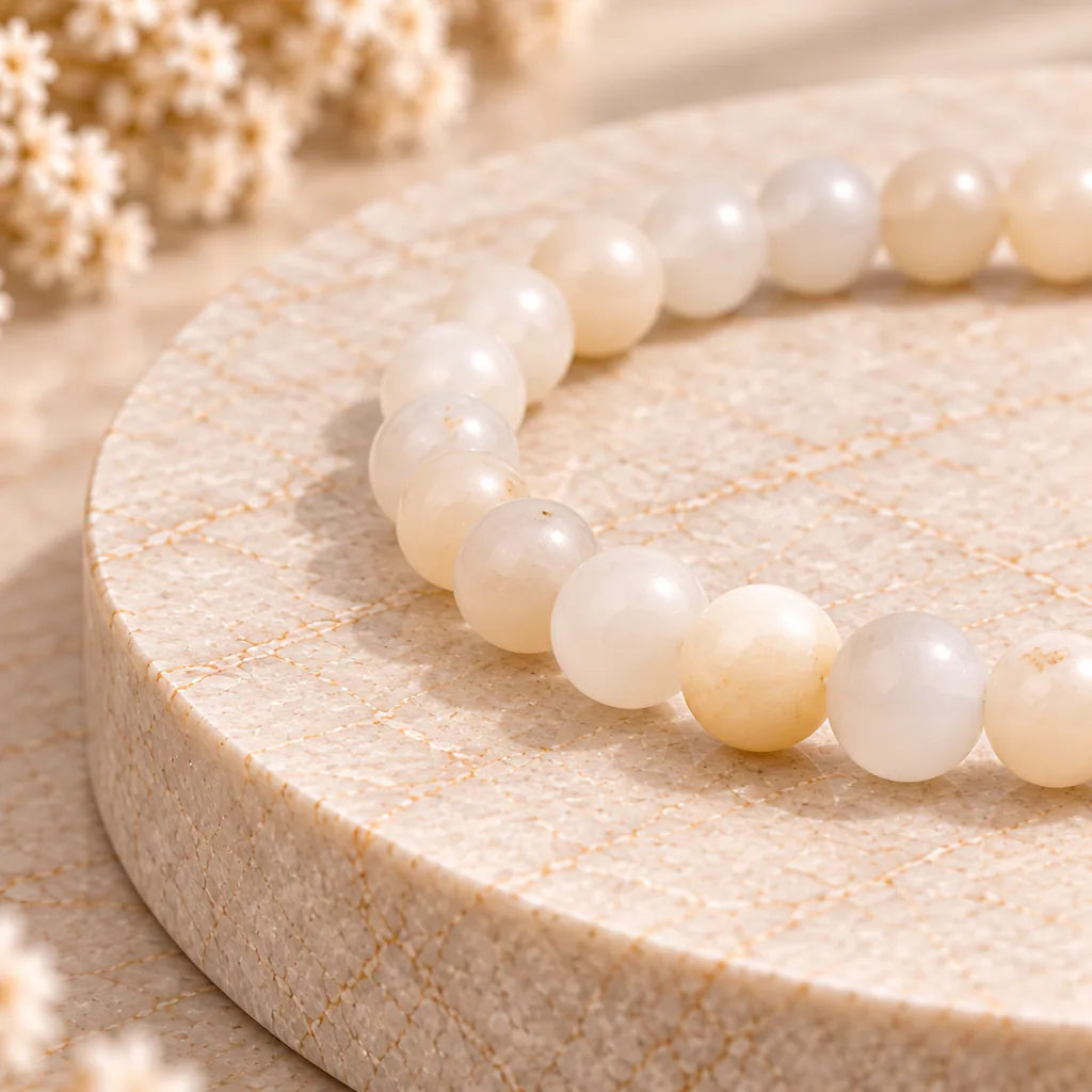 Bracelet à boules en Pierre de lune beige · 6 mm · Inde · Grade A — vue studio 2