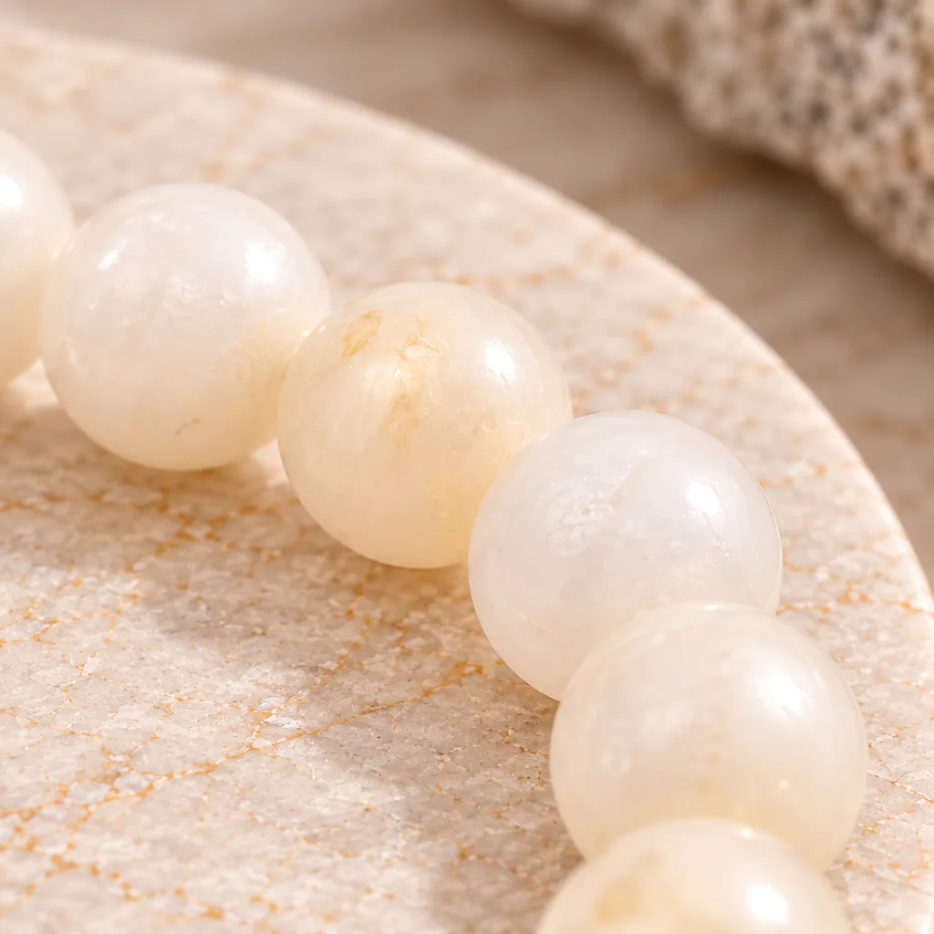 Bracelet à boules en Pierre de lune beige · 6 mm · Inde · Grade A — vue studio 3