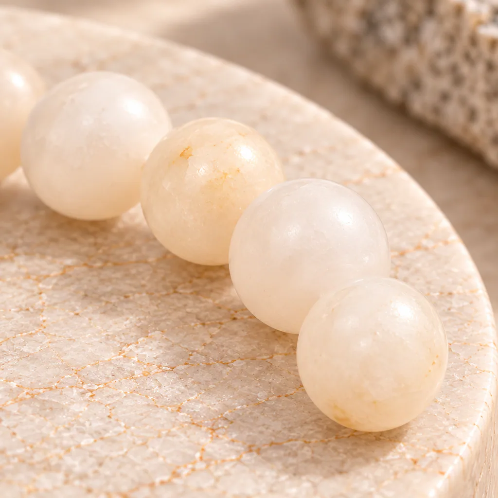 Bracelet à boules en Pierre de lune beige · 6 mm · Inde · Grade A — vue studio 3