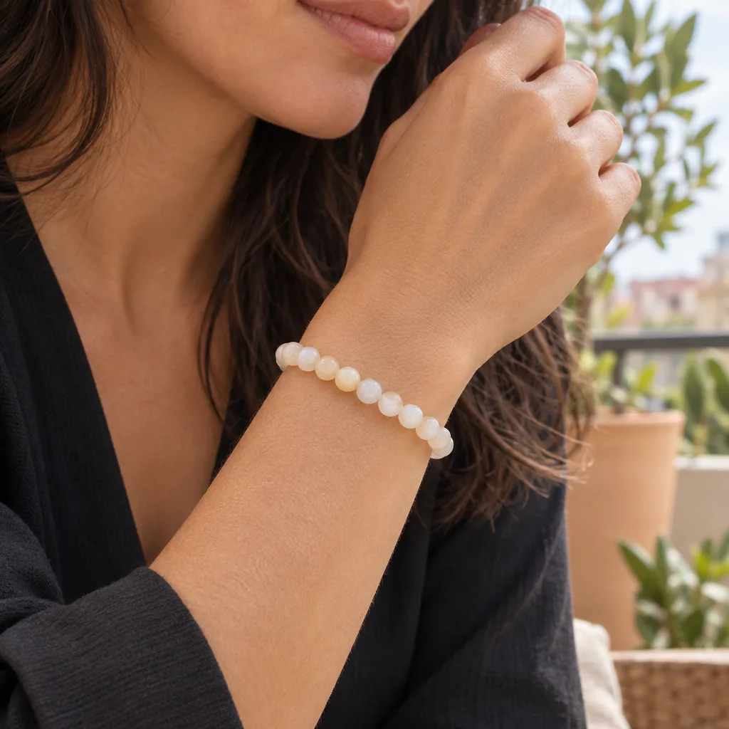 Bracelet à boules en Pierre de lune beige · 6 mm · Inde · Grade A — vue portée 1