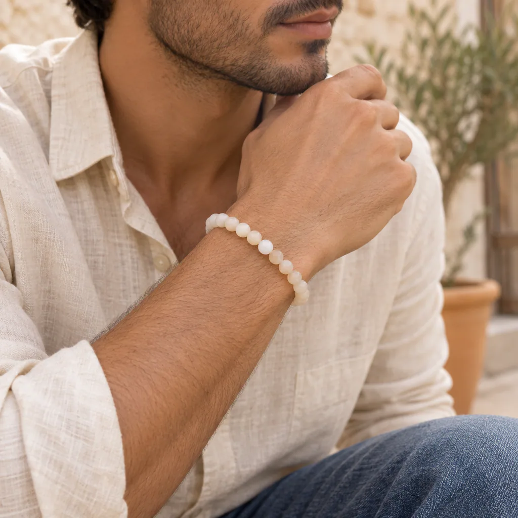 Bracelet à boules en Pierre de lune beige · 6 mm · Inde · Grade A — vue portée 2
