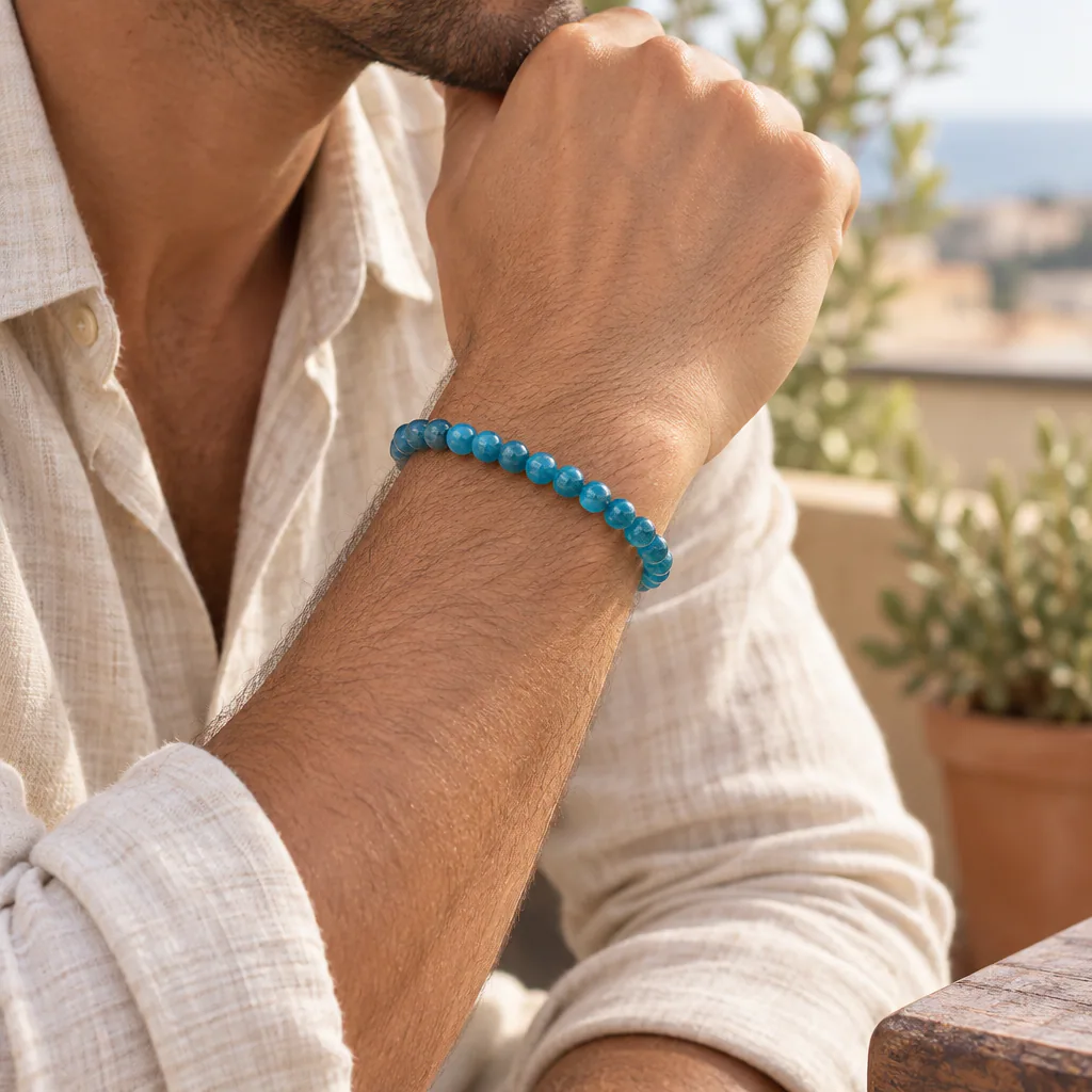 Bracelet à boules en Apatite bleue · 6 mm · Madagascar · Grade A+ — vue portée 2