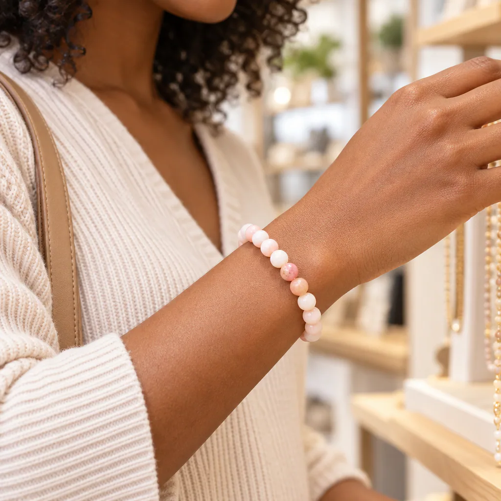 Bracelet à boules en Opale Rose · 6 mm · Pérou · Grade A+ — vue portée 1