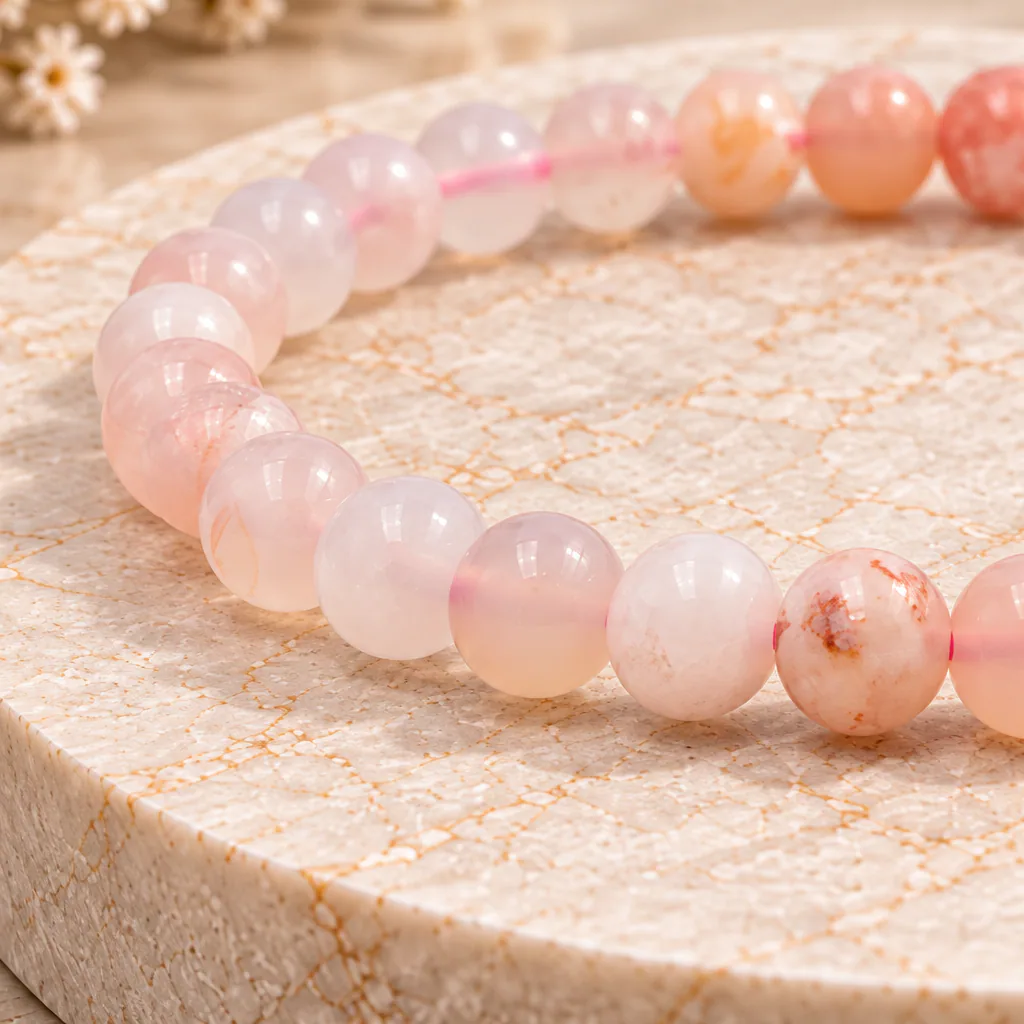 Bracelet à boules en Agate « Fleur de cerisier » · 6 mm · Madagascar · Grade A — vue studio 2