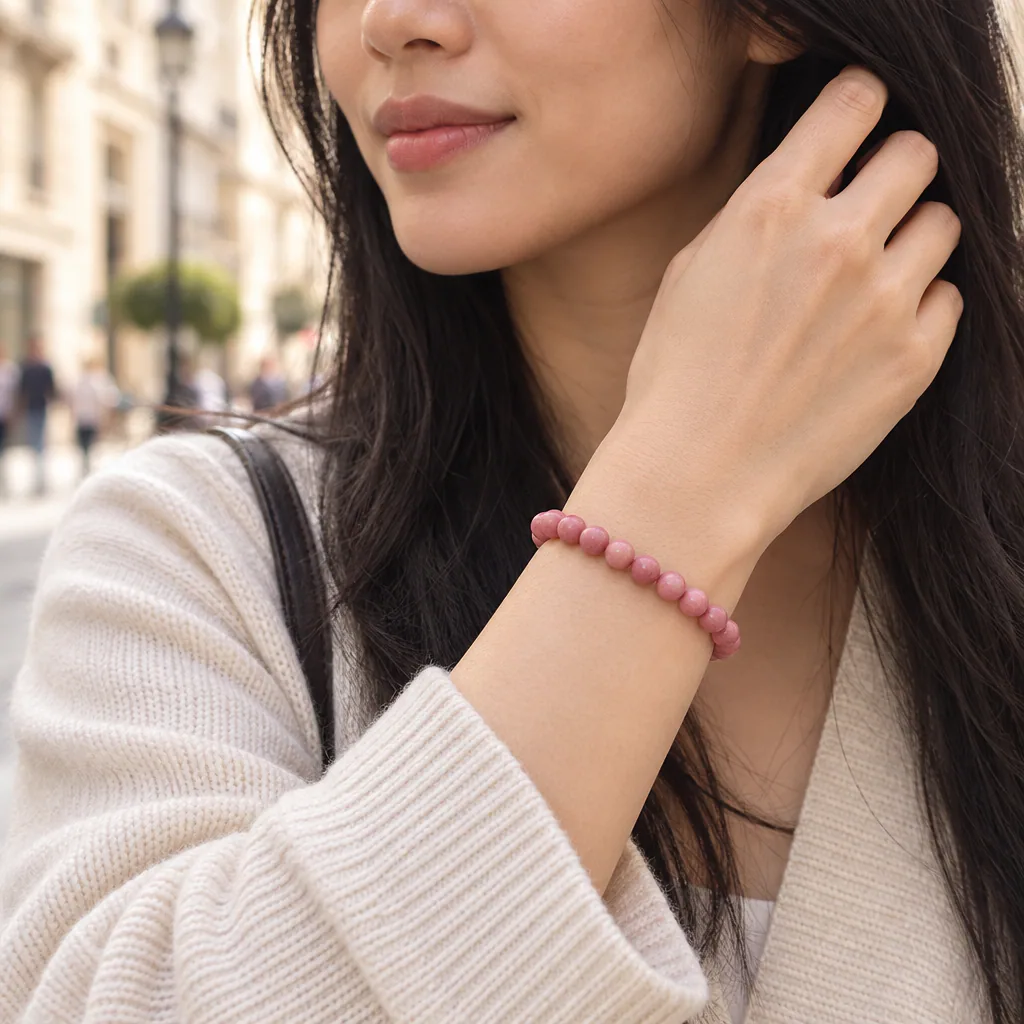 Bracelet à boules en Rhodonite · 6 mm · Australie · Grade AA — vue portée 1