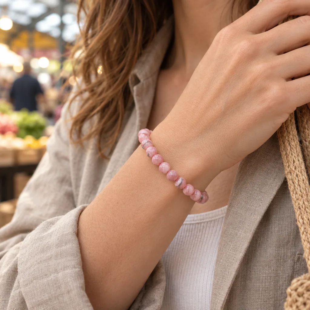 Bracelet à boules en Rhodochrosite · 6 mm · Argentine · Grade A+ — vue portée 1