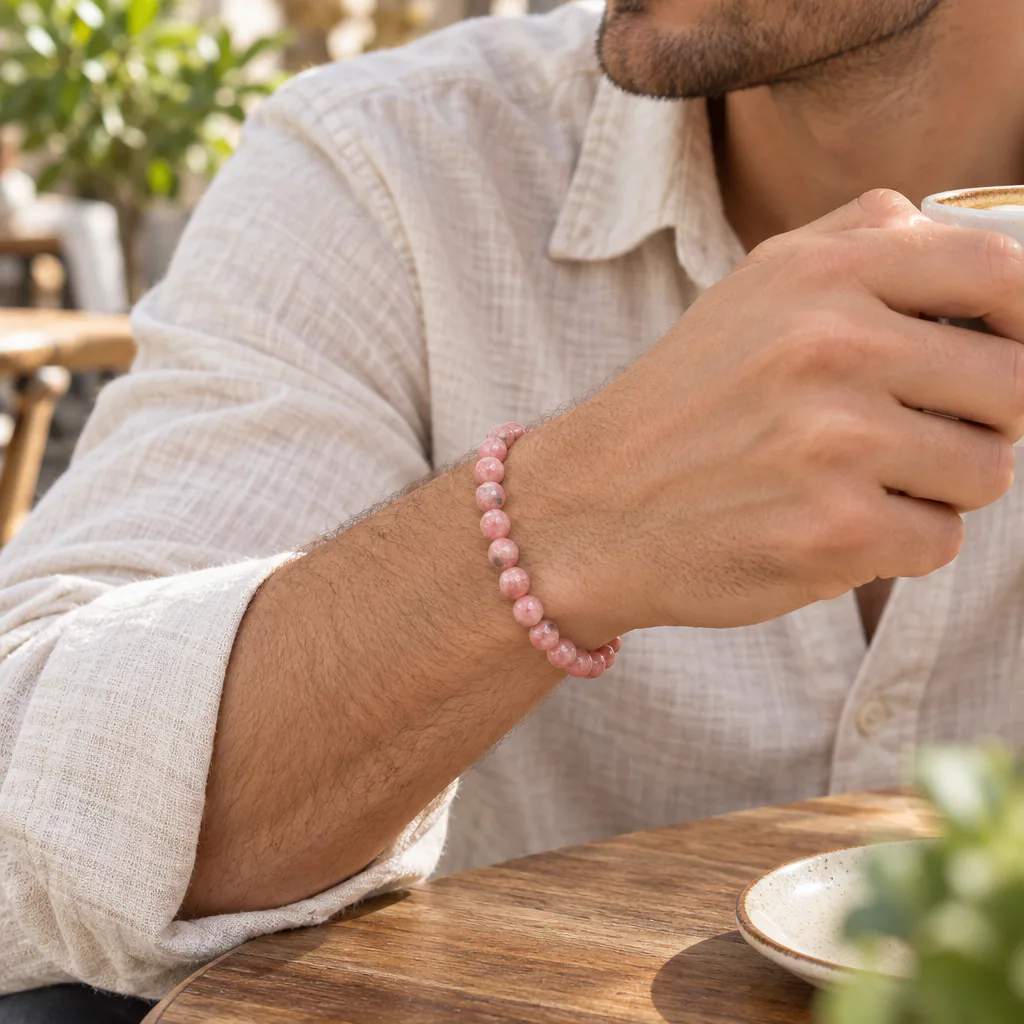 Bracelet à boules en Rhodochrosite · 6 mm · Argentine · Grade A+ — vue portée 2