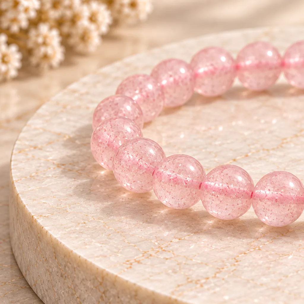 Bracelet à boules en Quartz fraise · 6 mm · Madagascar · Grade A — vue studio 2