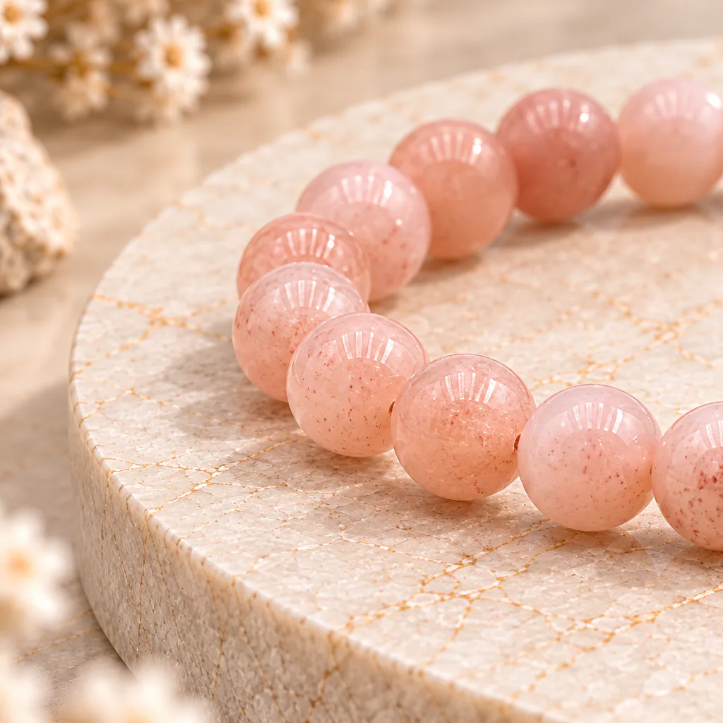 Bracelet à boules en Pierre de lune rose · 6 mm · Inde · Grade A — vue studio 2
