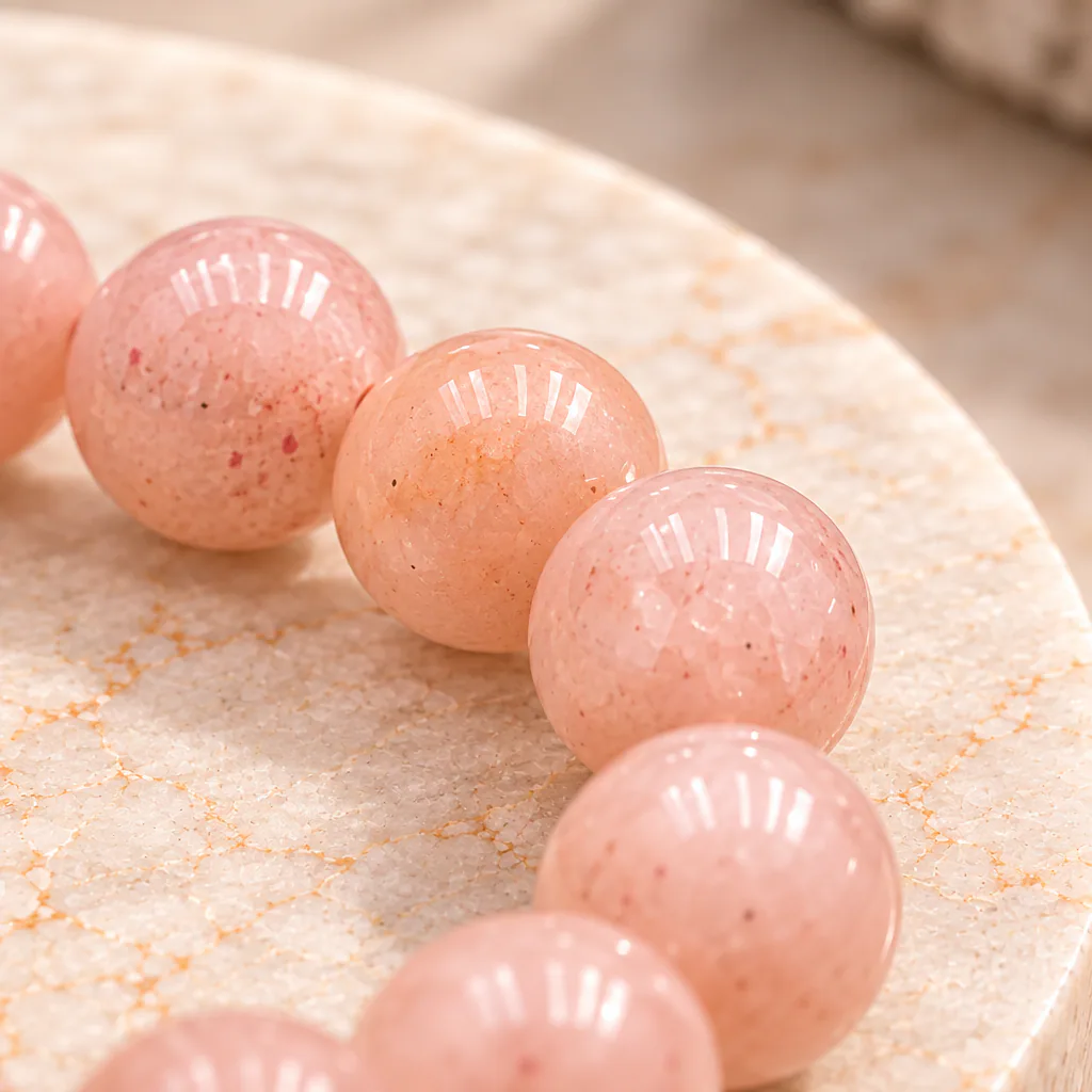 Bracelet à boules en Pierre de lune rose · 6 mm · Inde · Grade A — vue studio 3