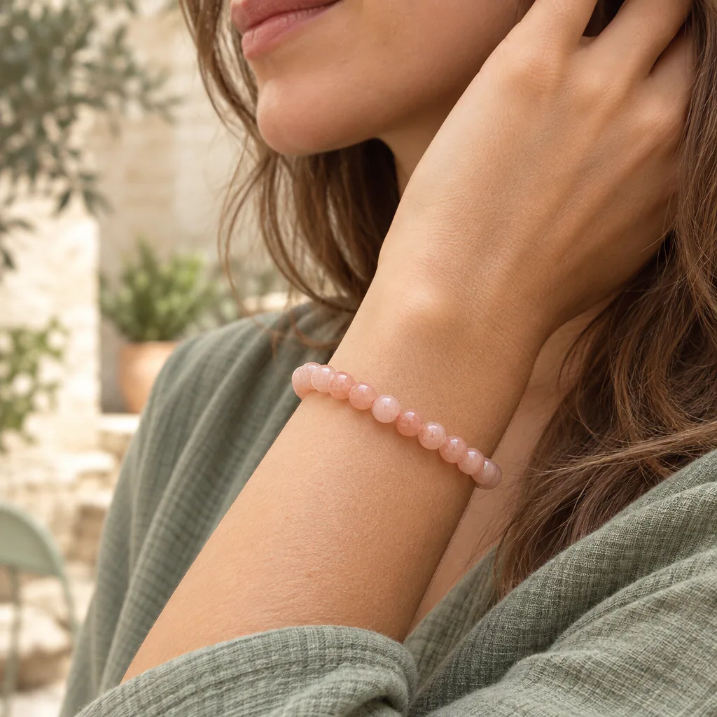 Bracelet à boules en Pierre de lune rose · 6 mm · Inde · Grade A — vue portée 1