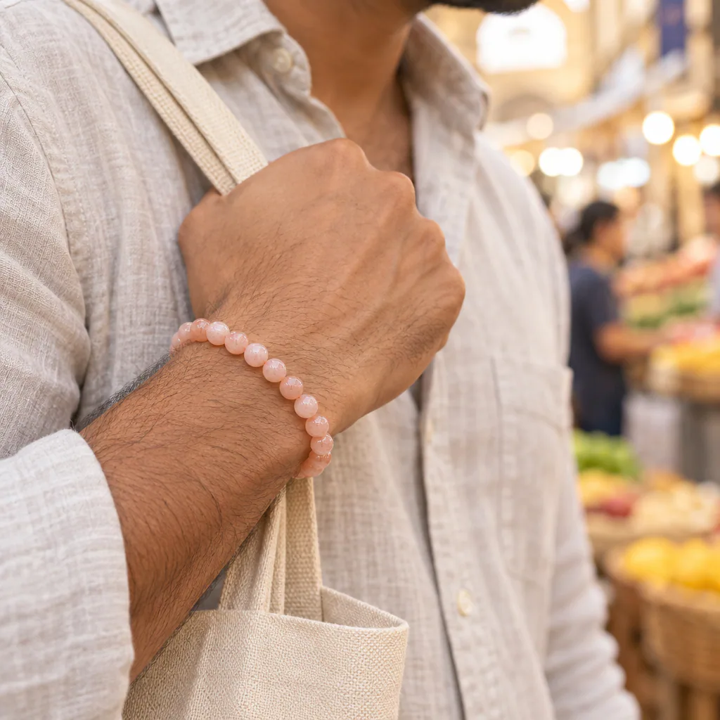 Bracelet à boules en Pierre de lune rose · 6 mm · Inde · Grade A — vue portée 2