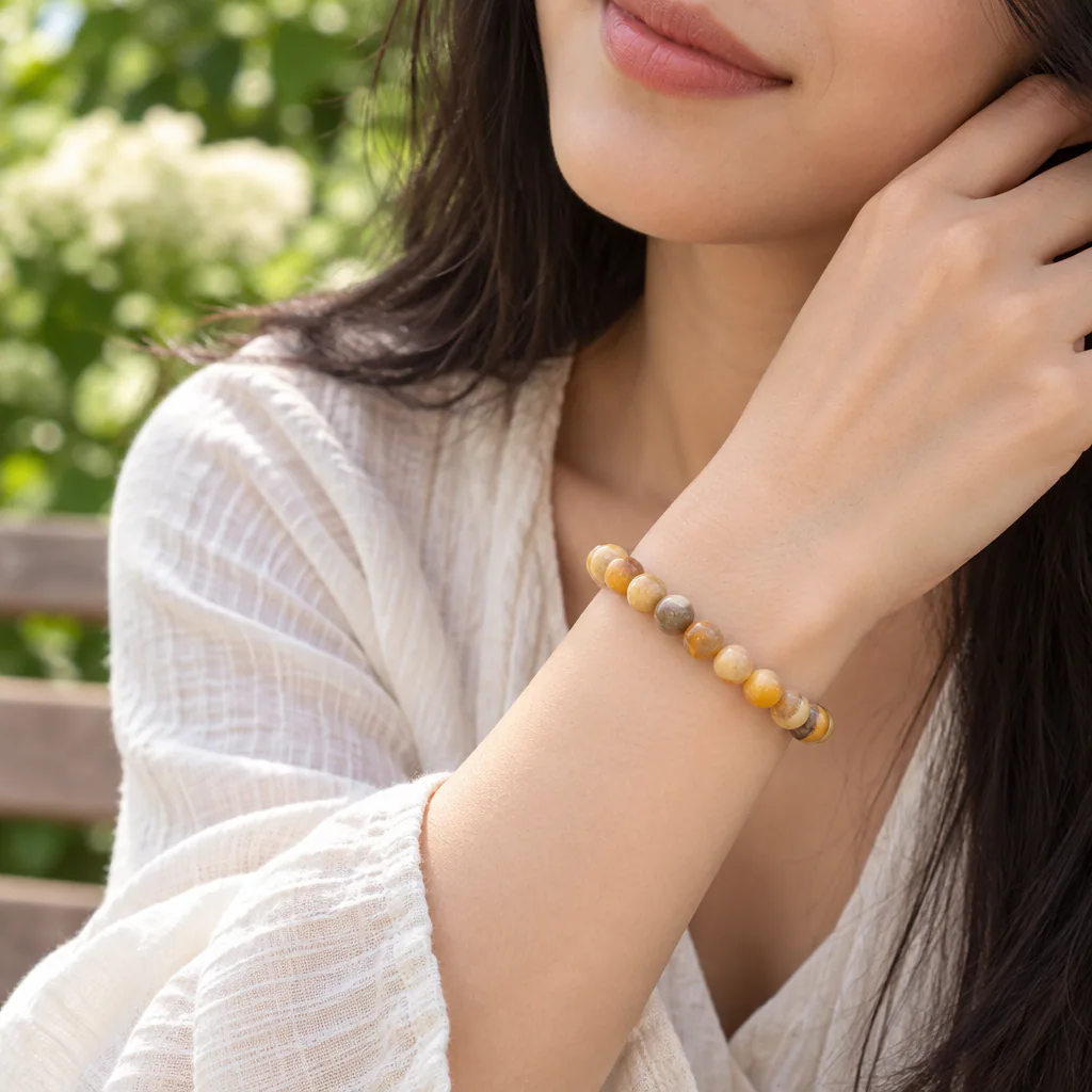 Bracelet à boules en Agate « Crazy Lace » · 6 mm · Mexique · Grade AA — vue portée 1