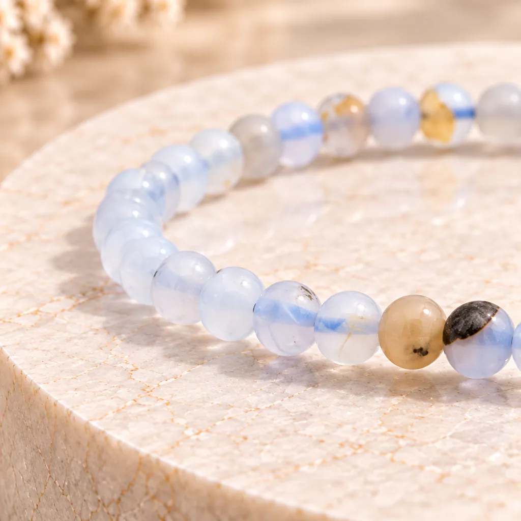 Bracelet à boules en Calcédoine bleue (sur Guangue) · 6 mm · Namibie · Grade A — vue studio 2
