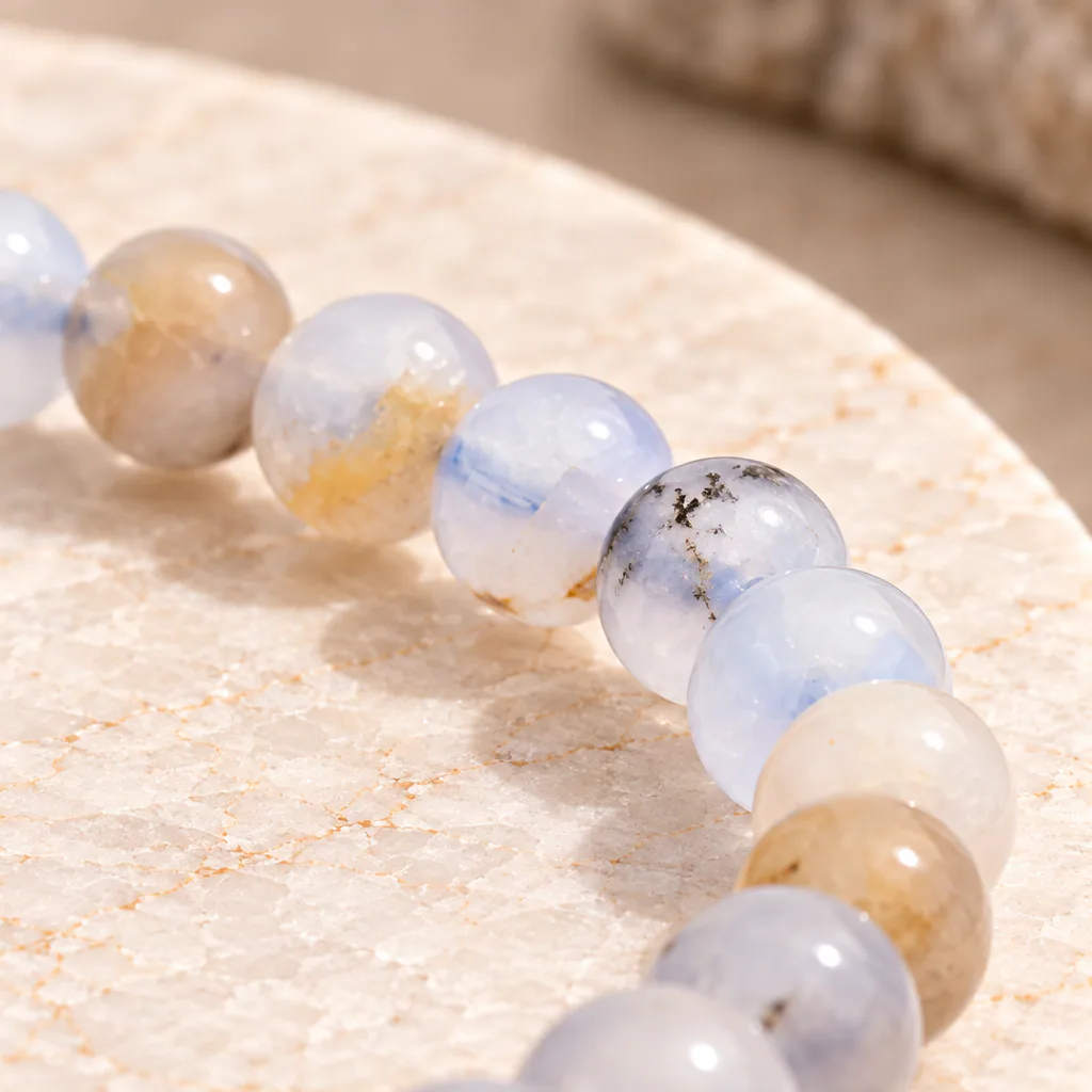 Bracelet à boules en Calcédoine bleue (sur Guangue) · 6 mm · Namibie · Grade A — vue studio 3