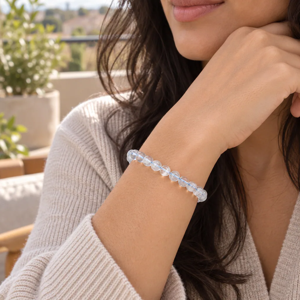 Bracelet à boules en Topaze bleue · 6 mm · Brésil · Grade AA — vue portée 1