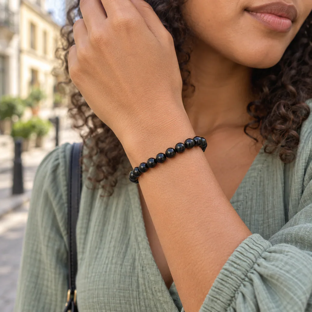 Bracelet à boules en Obsidienne noire · 6 mm · Mexique · Grade A — vue portée 1