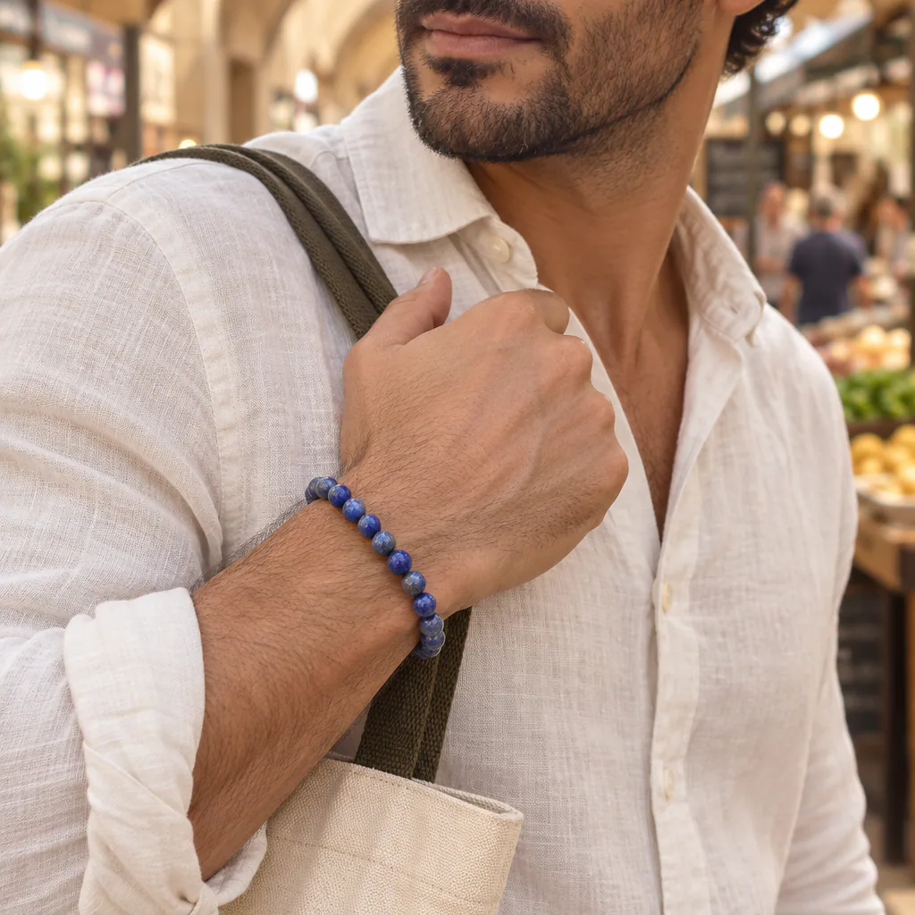 Bracelet à boules en Lapis Lazuli · 6 mm · Afghanistan · Grade A — vue portée 2