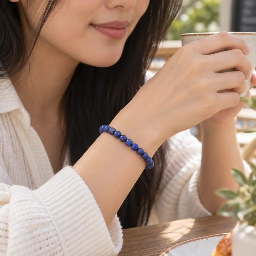 Bracelet à boules en Lapis Lazuli · 6 mm · Afghanistan · Grade AA — vue portée 1
