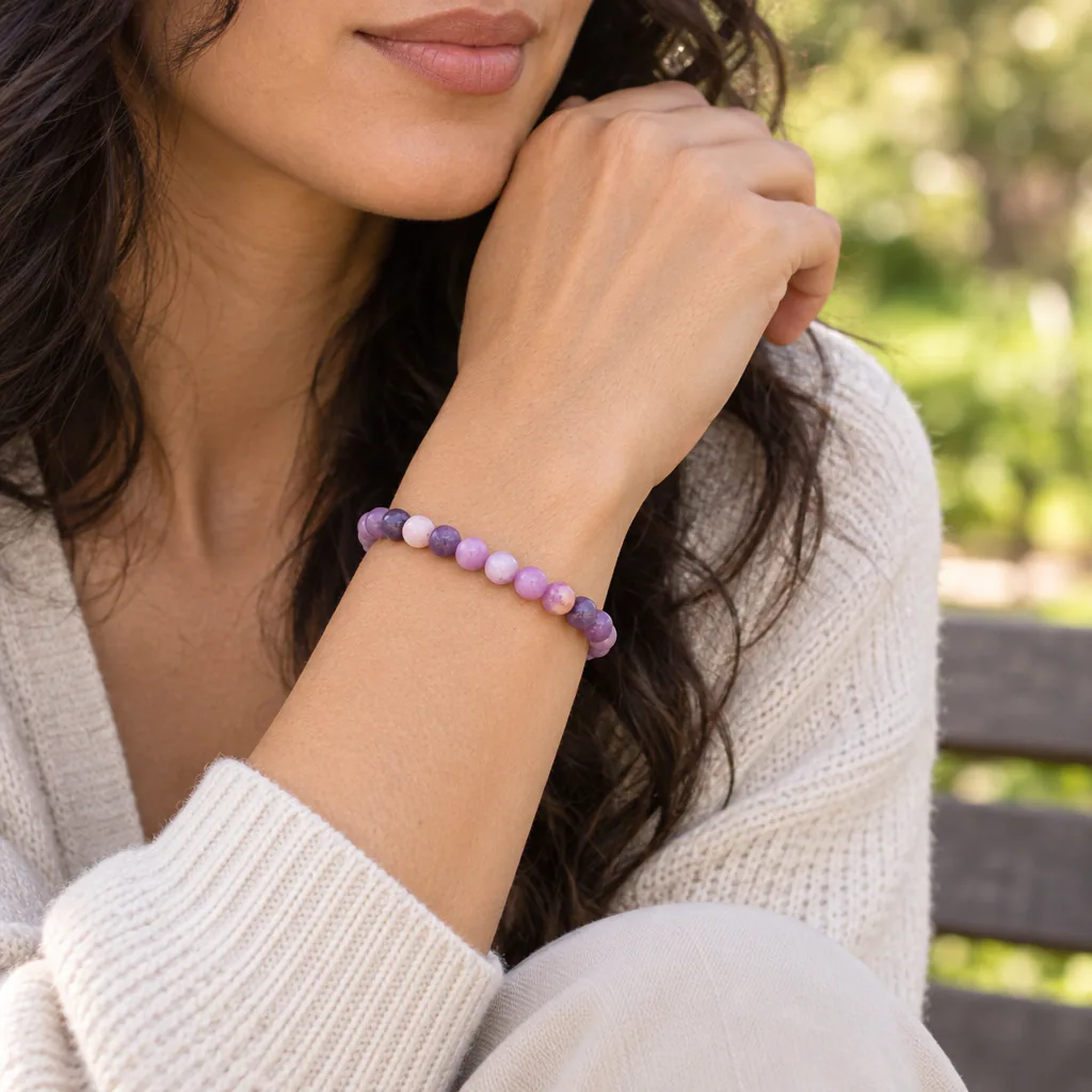 Bracelet à boules en Lépidolite · 6 mm · Madagascar · Grade A+ — vue portée 1