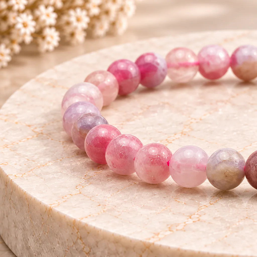 Bracelet à boules en Tourmaline rose (sur Eudialyte) · 6 mm · Namibie · Grade A — vue studio 2