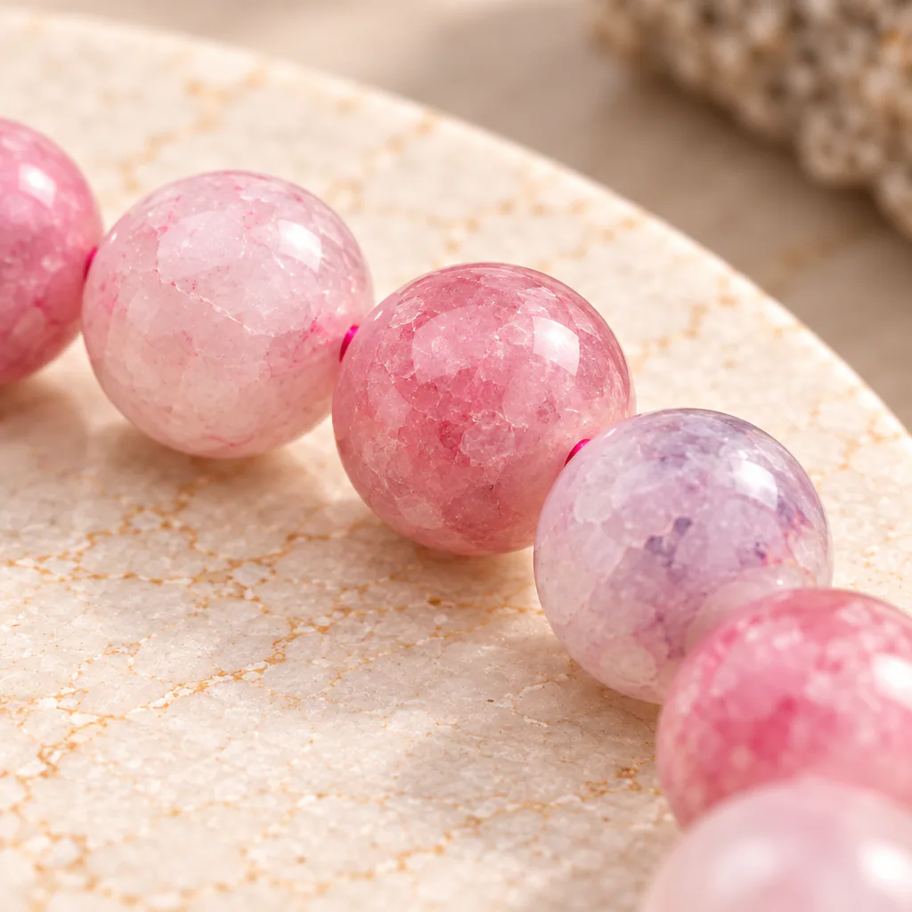 Bracelet à boules en Tourmaline rose (sur Eudialyte) · 6 mm · Namibie · Grade A — vue studio 3