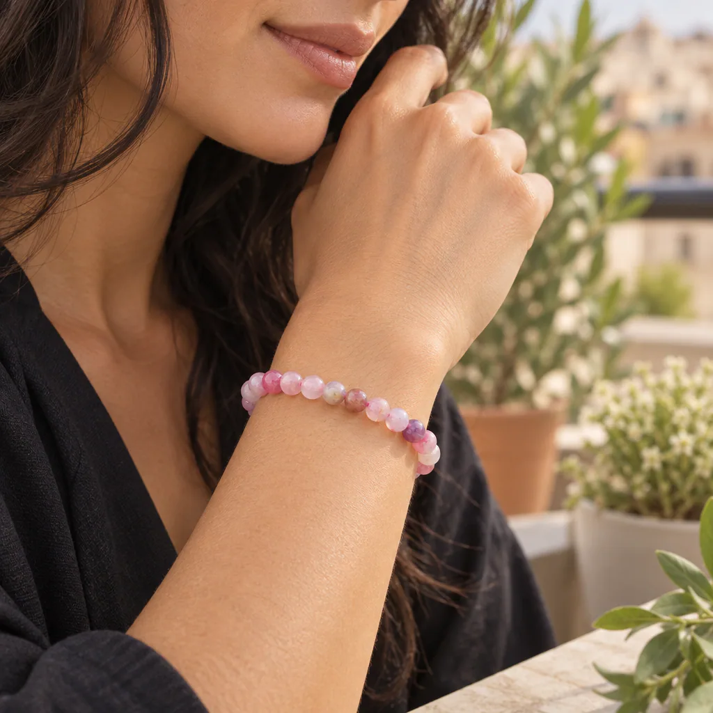Bracelet à boules en Tourmaline rose (sur Eudialyte) · 6 mm · Namibie · Grade A — vue portée 1