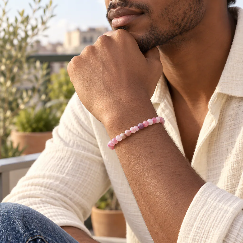 Bracelet à boules en Tourmaline rose (sur Eudialyte) · 6 mm · Namibie · Grade A — vue portée 2