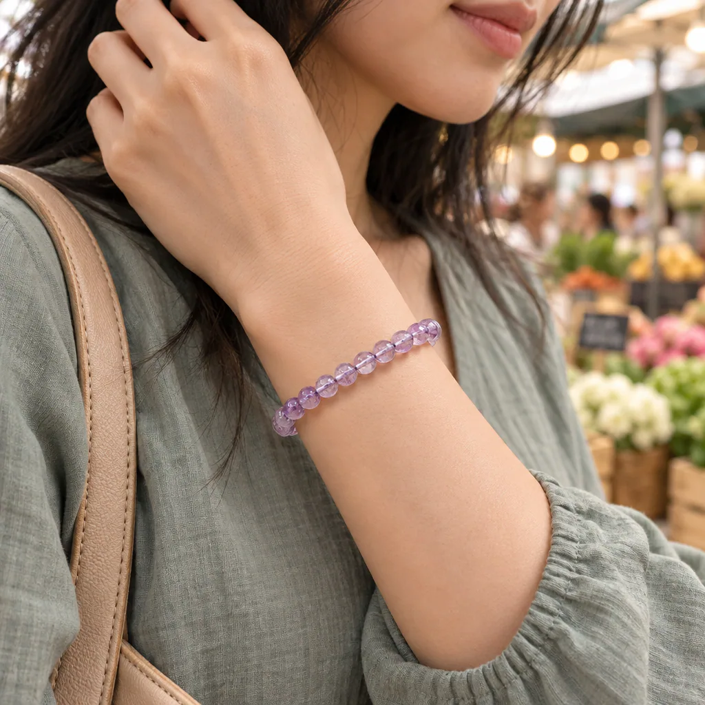 Bracelet à boules en Améthyste claire · 6 mm · Brésil · Grade A+ — vue portée 1