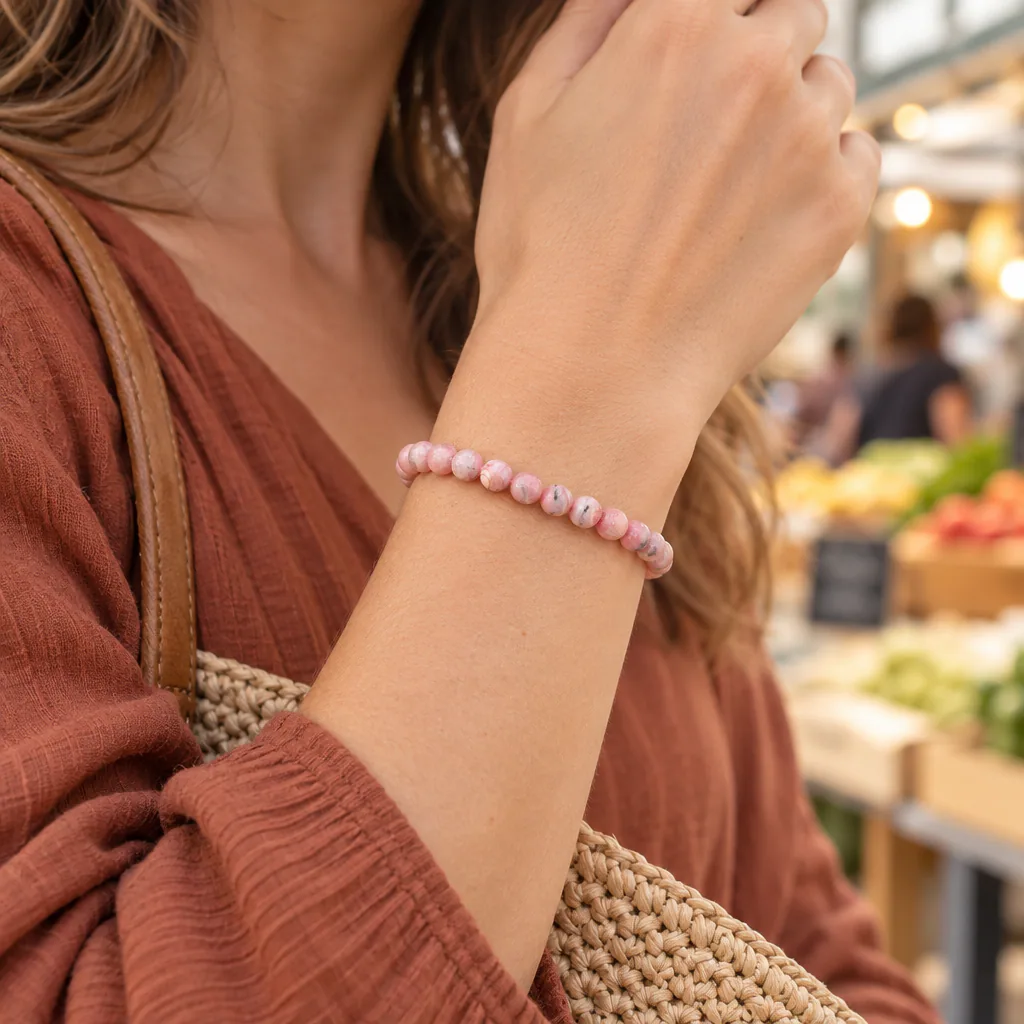 Bracelet à boules en Rhodochrosite · 5 mm · Argentine · Grade AA — vue portée 1