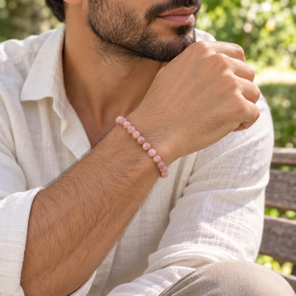 Bracelet à boules en Rhodochrosite · 5 mm · Argentine · Grade AA — vue portée 2